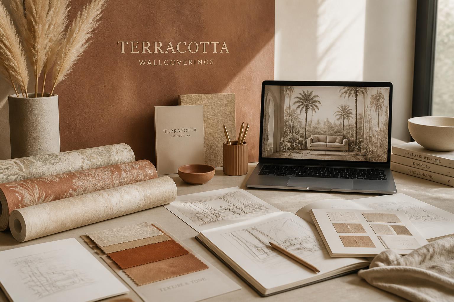 Inndecor studio workspace with wallpaper samples and architectural sketches